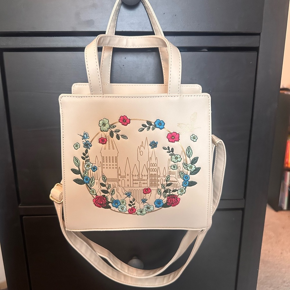 Loungefly Harry Potter Cream Tote with Floral and Castle Design